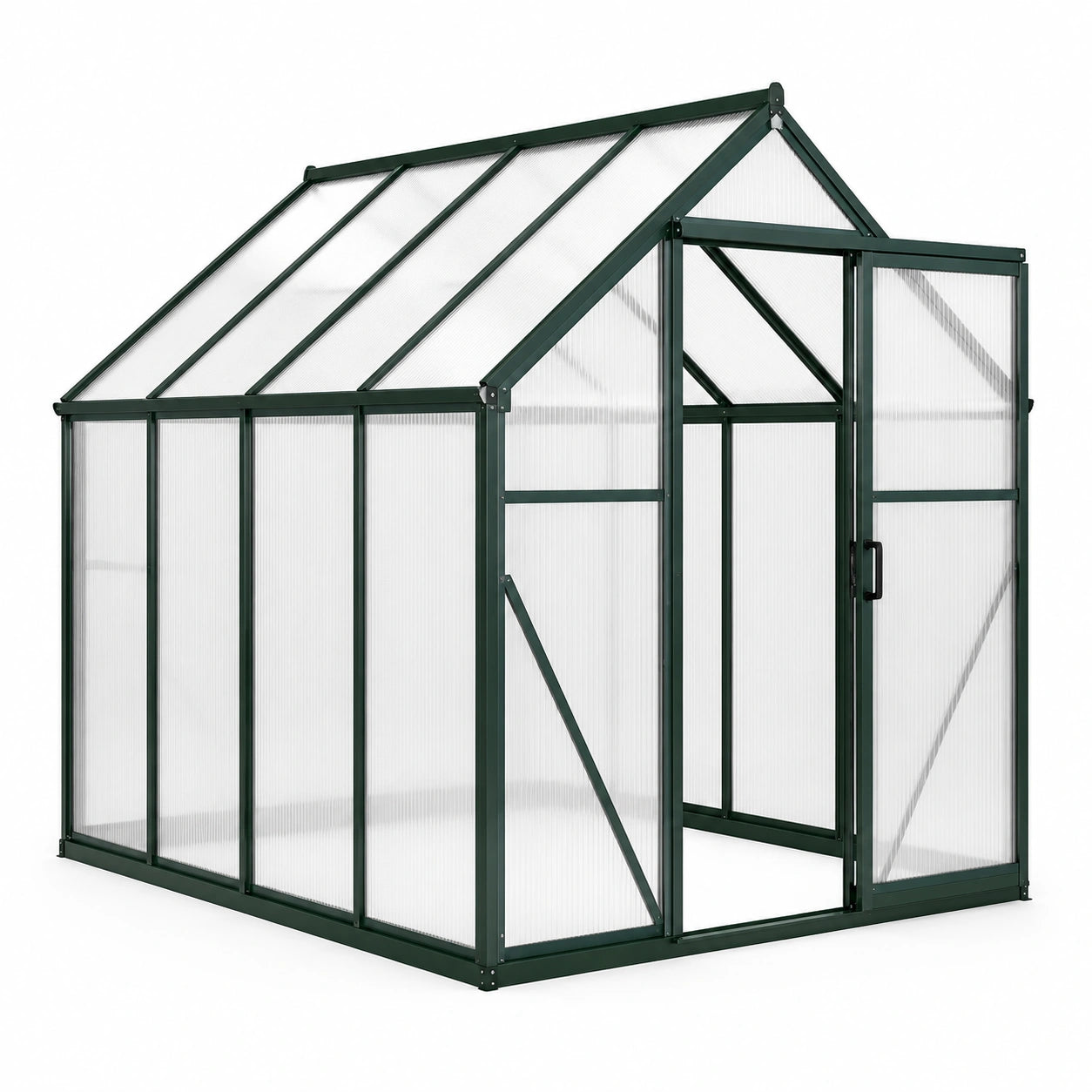 Serre de jardin en aluminium vert foncé et polycarbonate transparent, 244 × 183 × 215 cm, porte battante