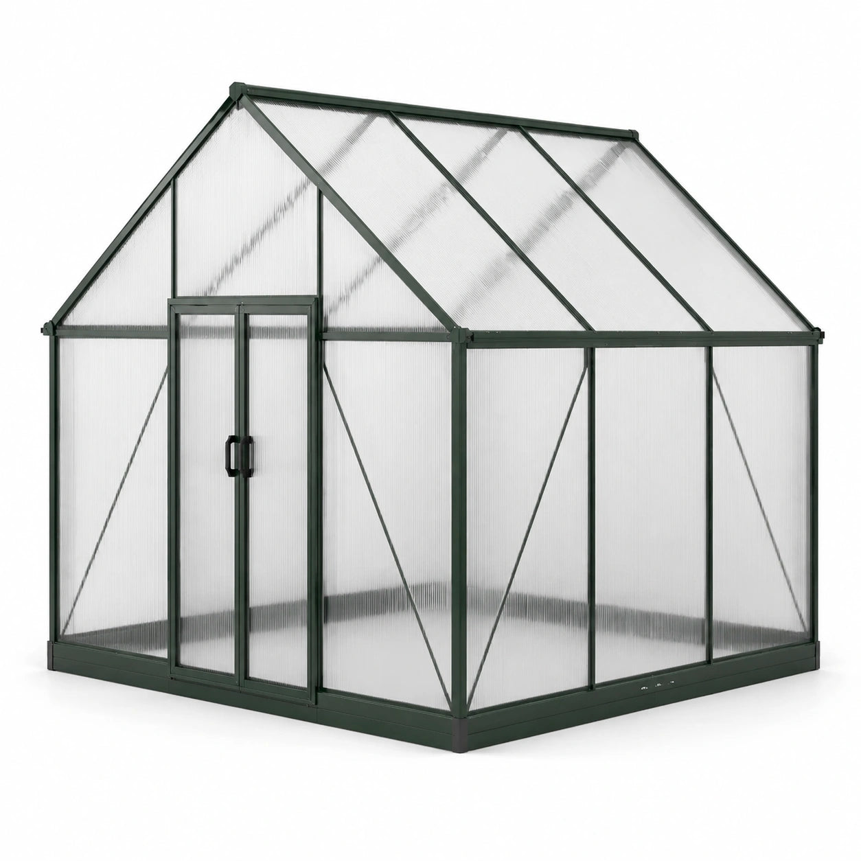 Serre de jardin en aluminium vert et polycarbonate translucide, 250 × 190 × 195 cm, toit à deux pentes
