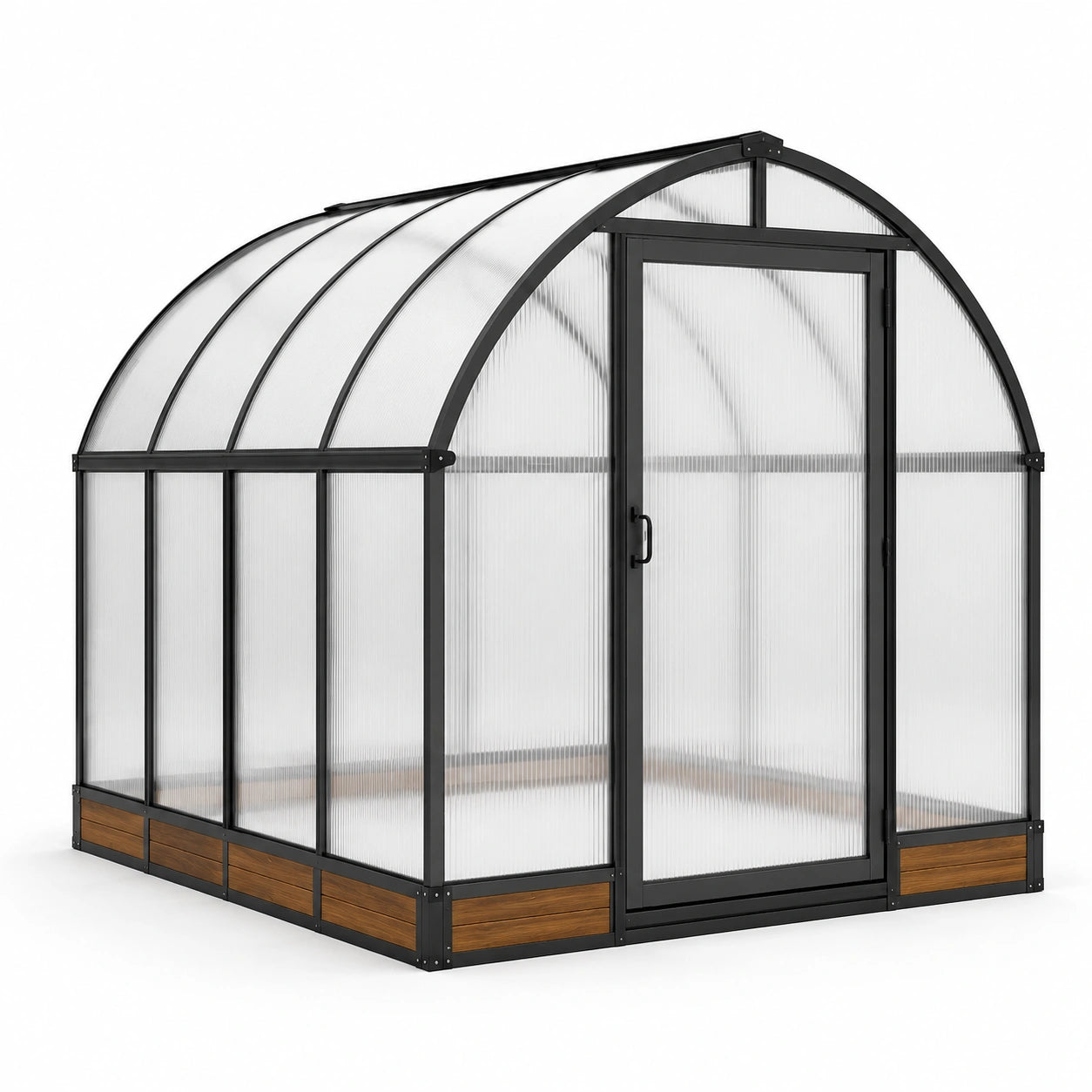 Serre de jardin 240 × 180 × 210 cm avec structure noire, panneaux translucides et finitions marron