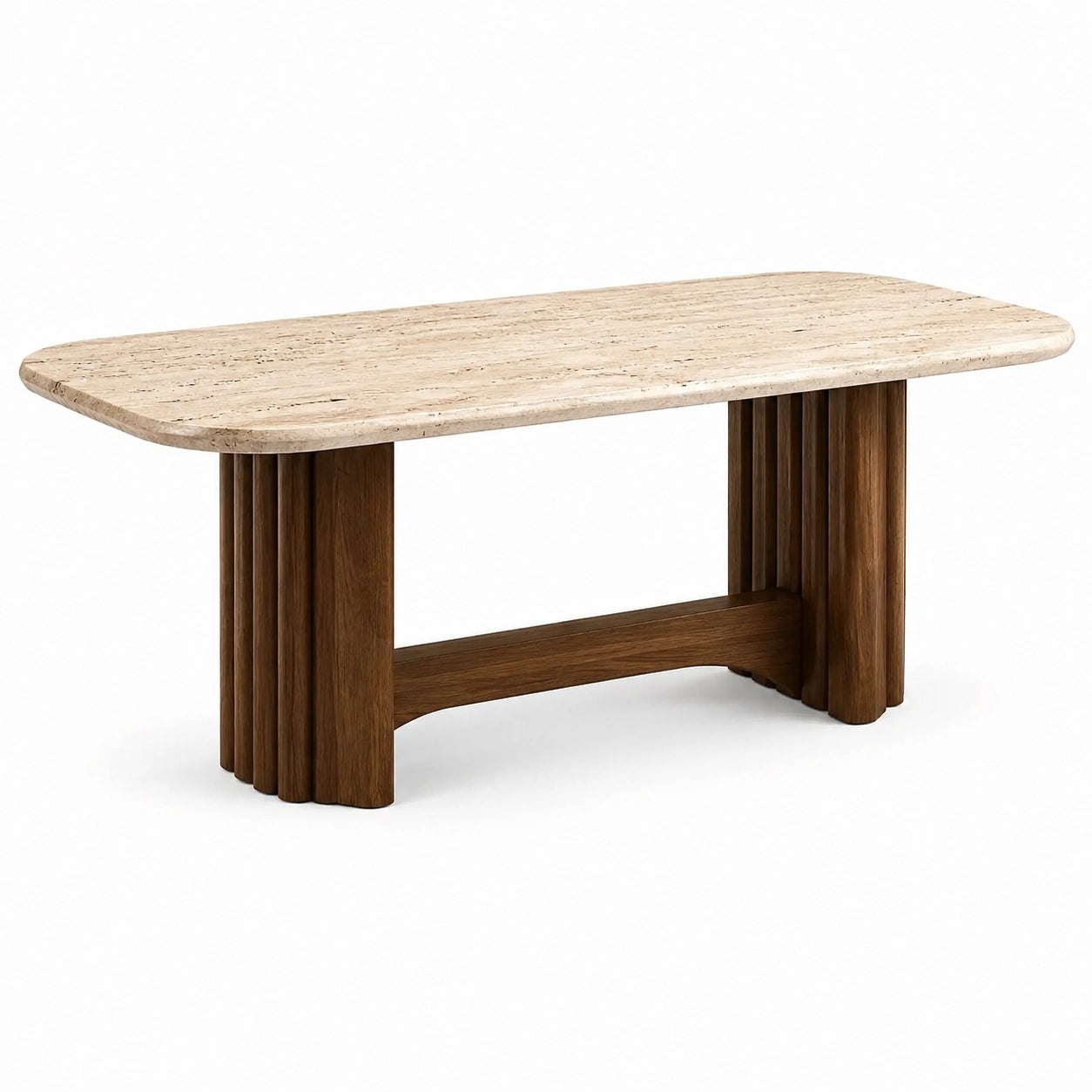 Table à manger contemporaine en pierre beige et bois marron, 180 × 90 × 76 cm