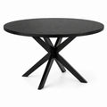 Table à manger ronde noire Ø 120 × H 75 cm, plateau en bois manufacturé et piètement géométrique en métal