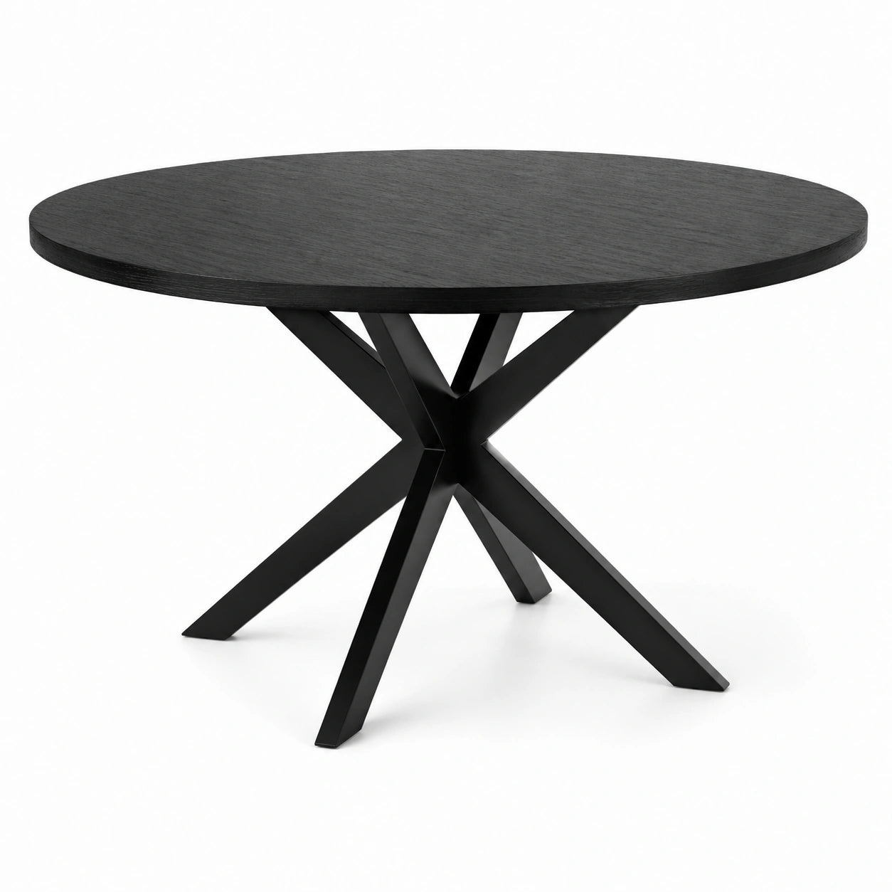 Table à manger ronde noire Ø 120 × H 75 cm, plateau en bois manufacturé et piètement géométrique en métal