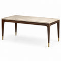 Table à manger rectangulaire 160 × 80 × 76 cm, plateau en pierre beige, structure en bois brun et finitions dorées