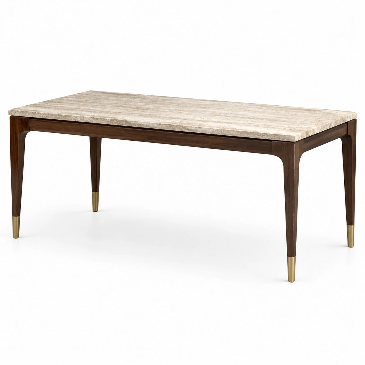 Table à manger rectangulaire 160 × 80 × 76 cm, plateau en pierre beige, structure en bois brun et finitions dorées