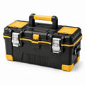 Boîte à outils portable noire, jaune et argentée, 48 × 28 × 25 cm, avec compartiments et fermoirs métalliques