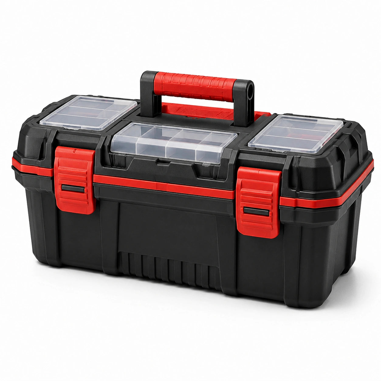 Boîte à outils en plastique noir et rouge 55 × 28 × 29 cm avec compartiments transparents et poignée