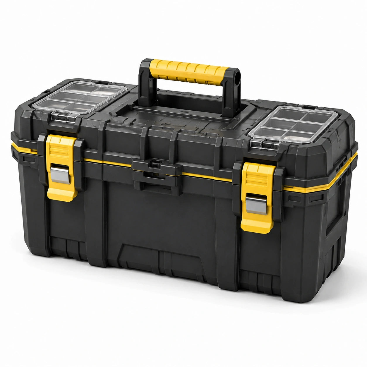Boîte à outils en plastique noir et jaune avec organiseurs transparents, 58 × 28 × 30 cm