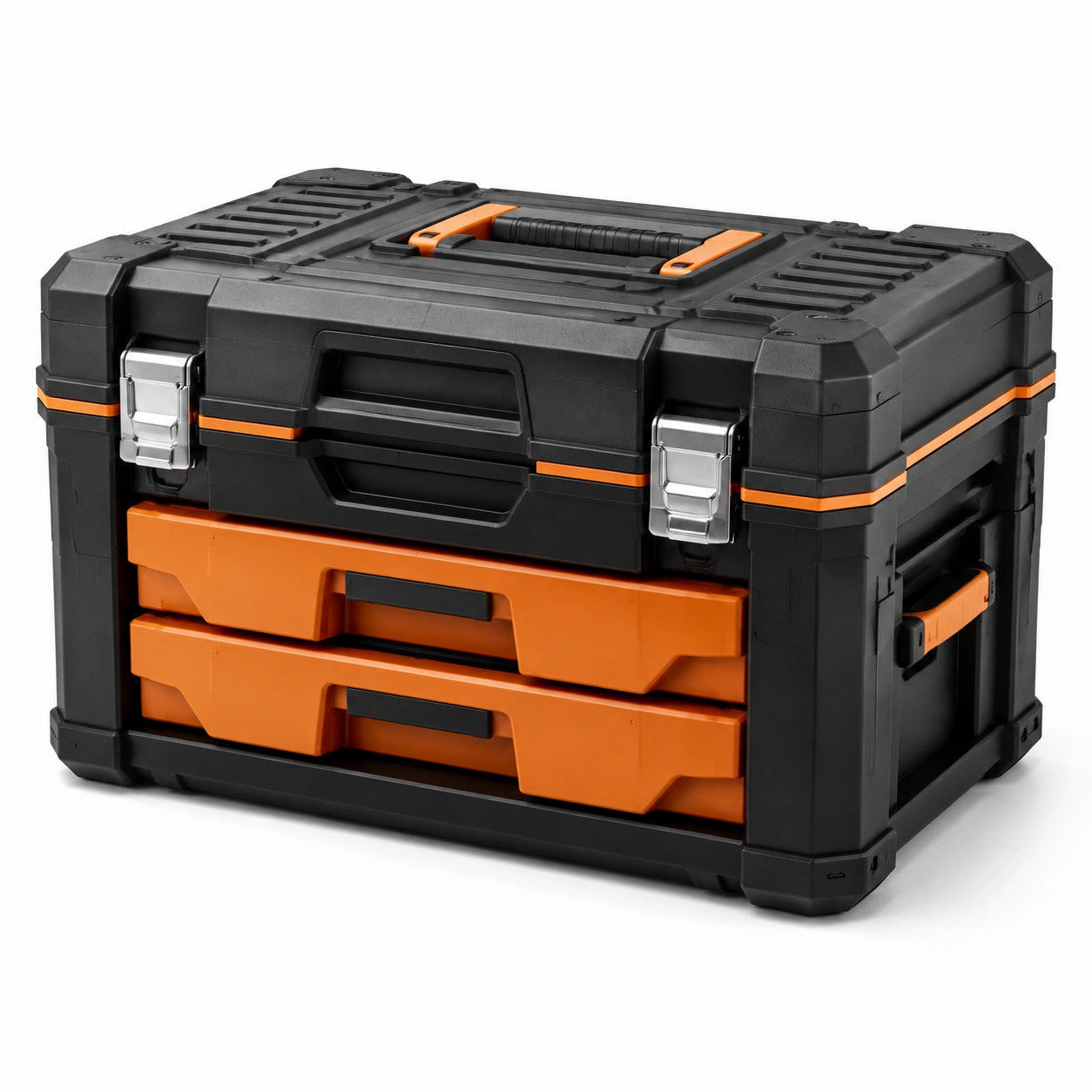 Boîte à outils portable avec compartiment supérieur et 2 tiroirs, 58 × 39 × 49 cm, noir, orange et argenté