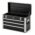 Caisse à outils en acier noir et argenté, 52 × 22 × 30 cm, 3 tiroirs et compartiment verrouillable