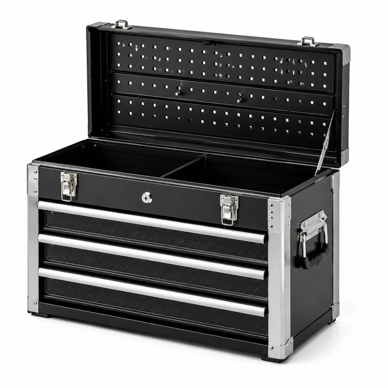 Caisse à outils en acier noir et argenté, 52 × 22 × 30 cm, 3 tiroirs et compartiment verrouillable