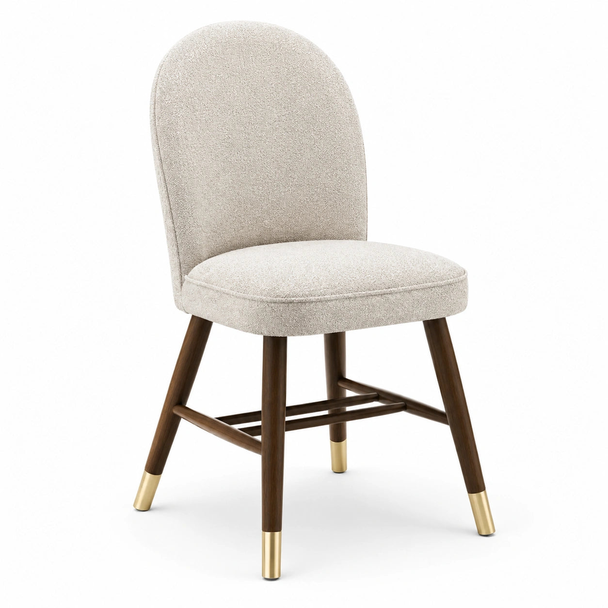 Chaise de salle à manger contemporaine en tissu bouclé écru, bois foncé et métal doré, 50 × 56 × 84 cm