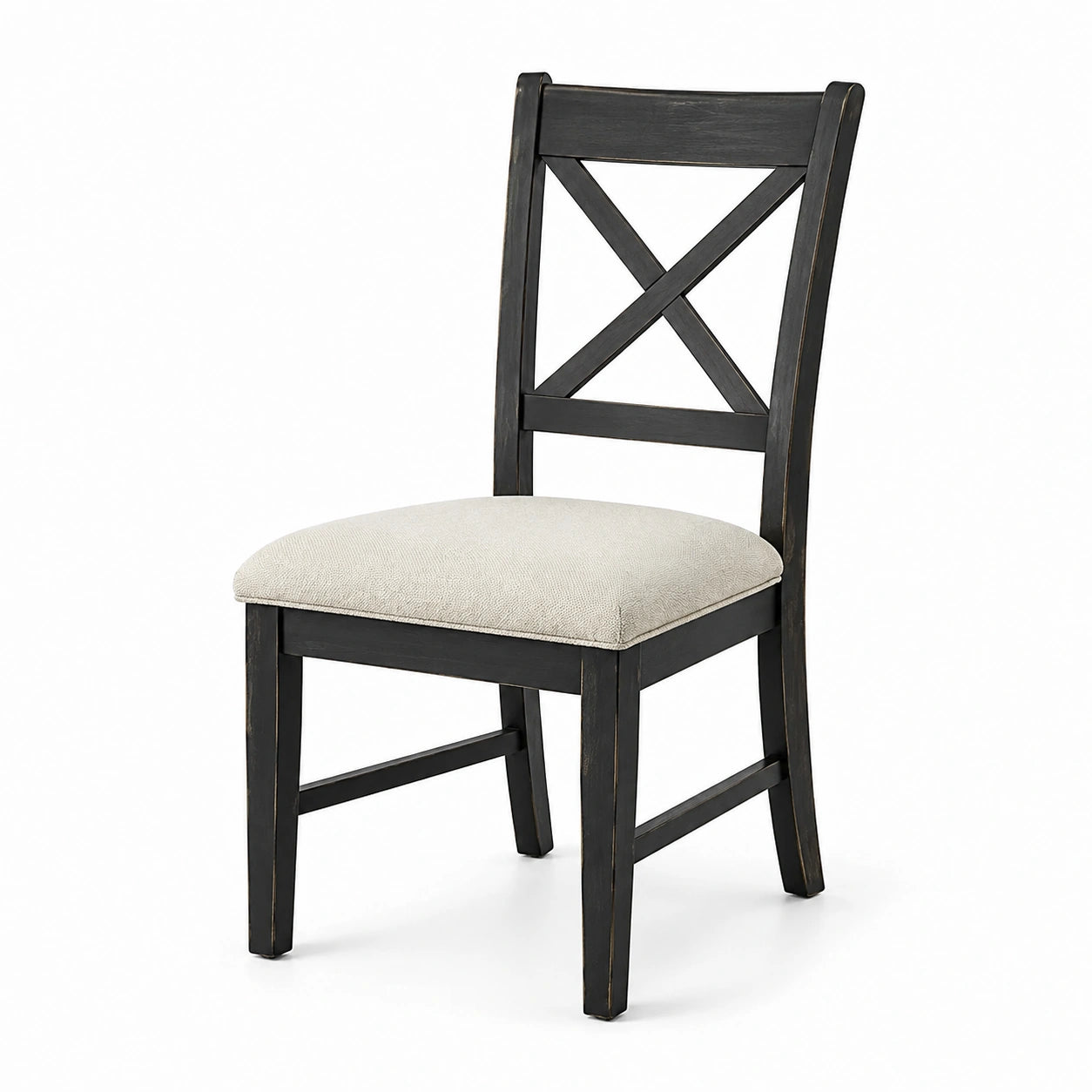 Chaise en bois noir avec assise rembourrée en tissu beige et dossier à croisillons, 46 × 52 × 94 cm