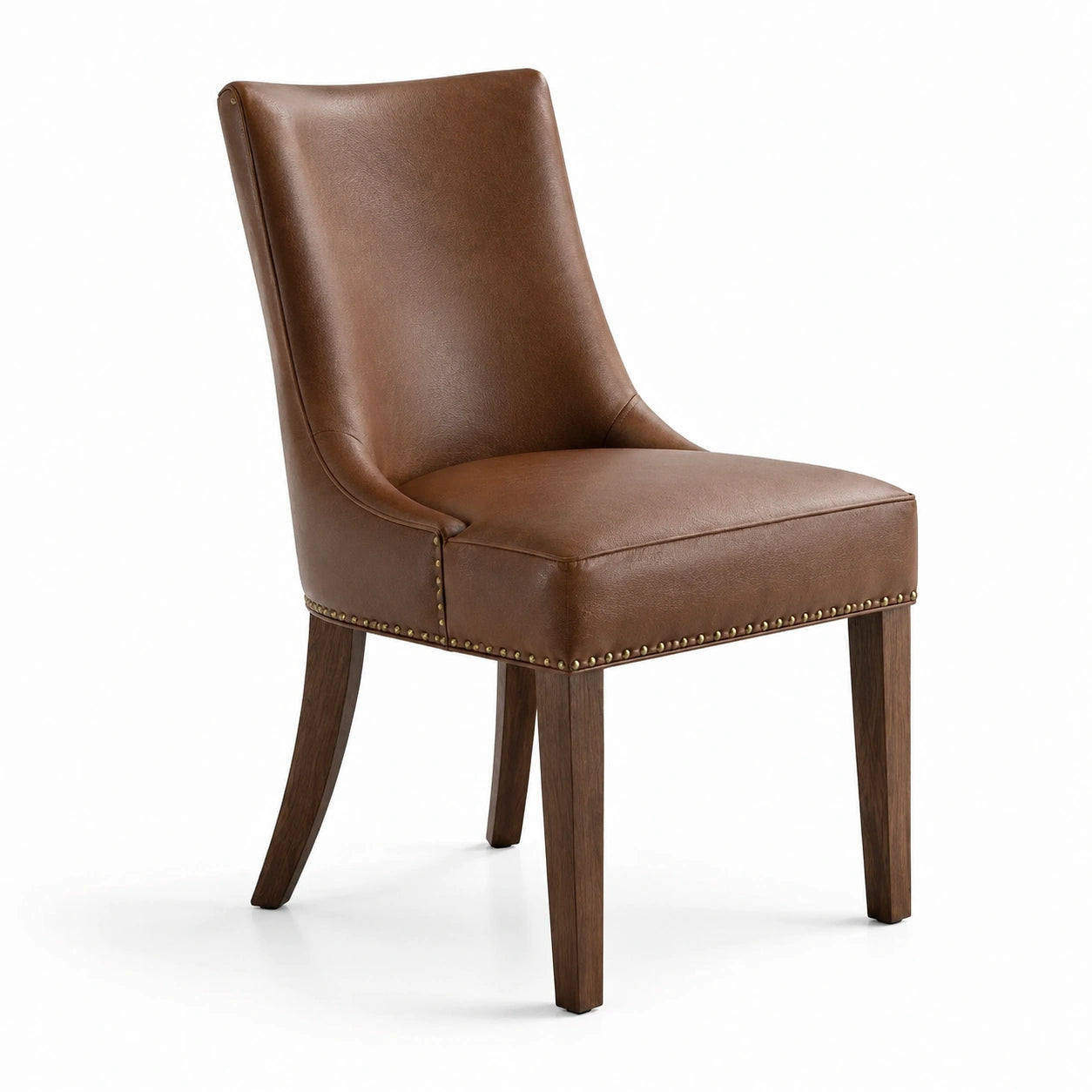 Chaise marron effet cuir à dossier haut, pieds en bois et bordure cloutée dorée, 55 × 64 × 91 cm