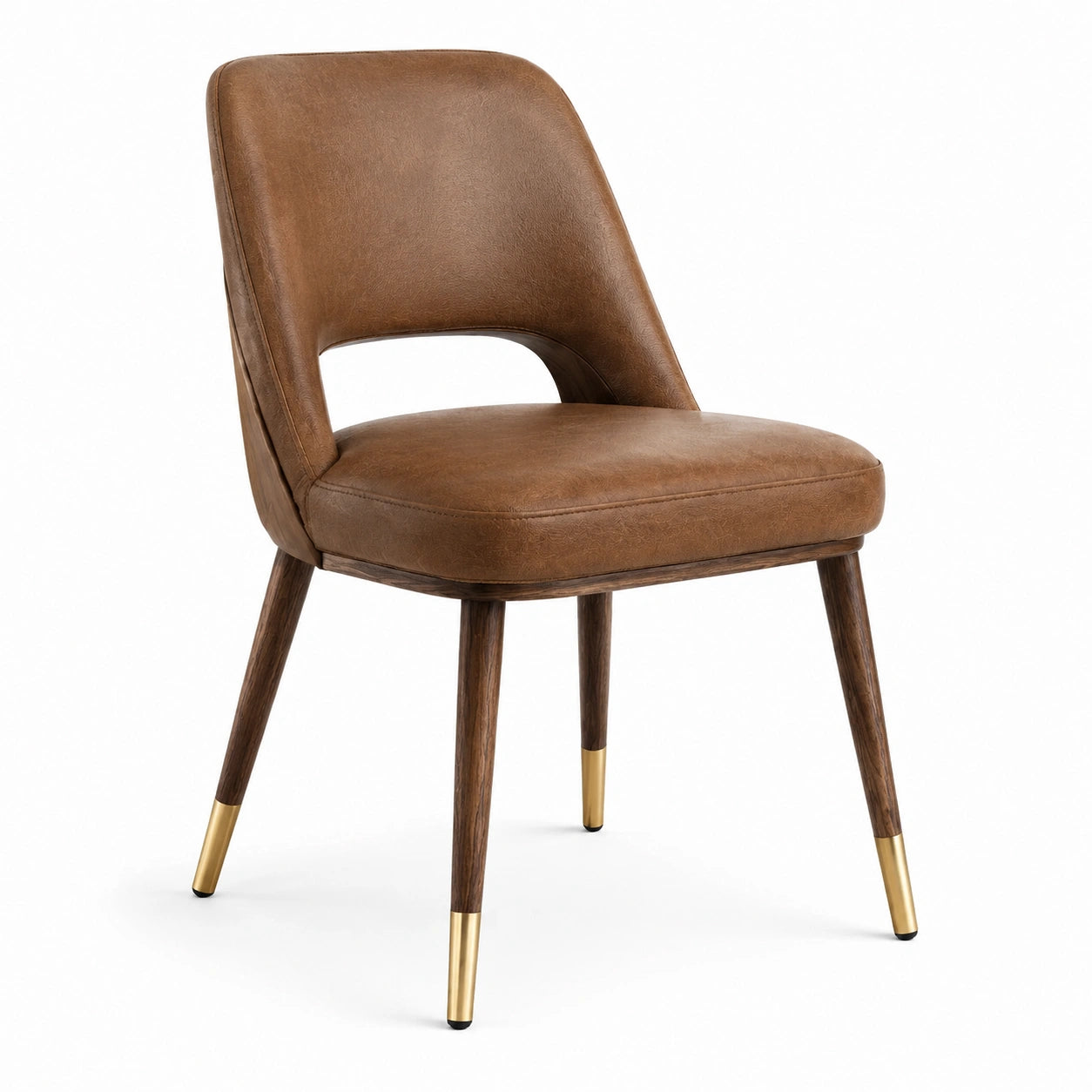 Chaise de salle à manger 52 × 58 × 82 cm, marron aspect cuir, pieds effet bois foncé et embouts dorés