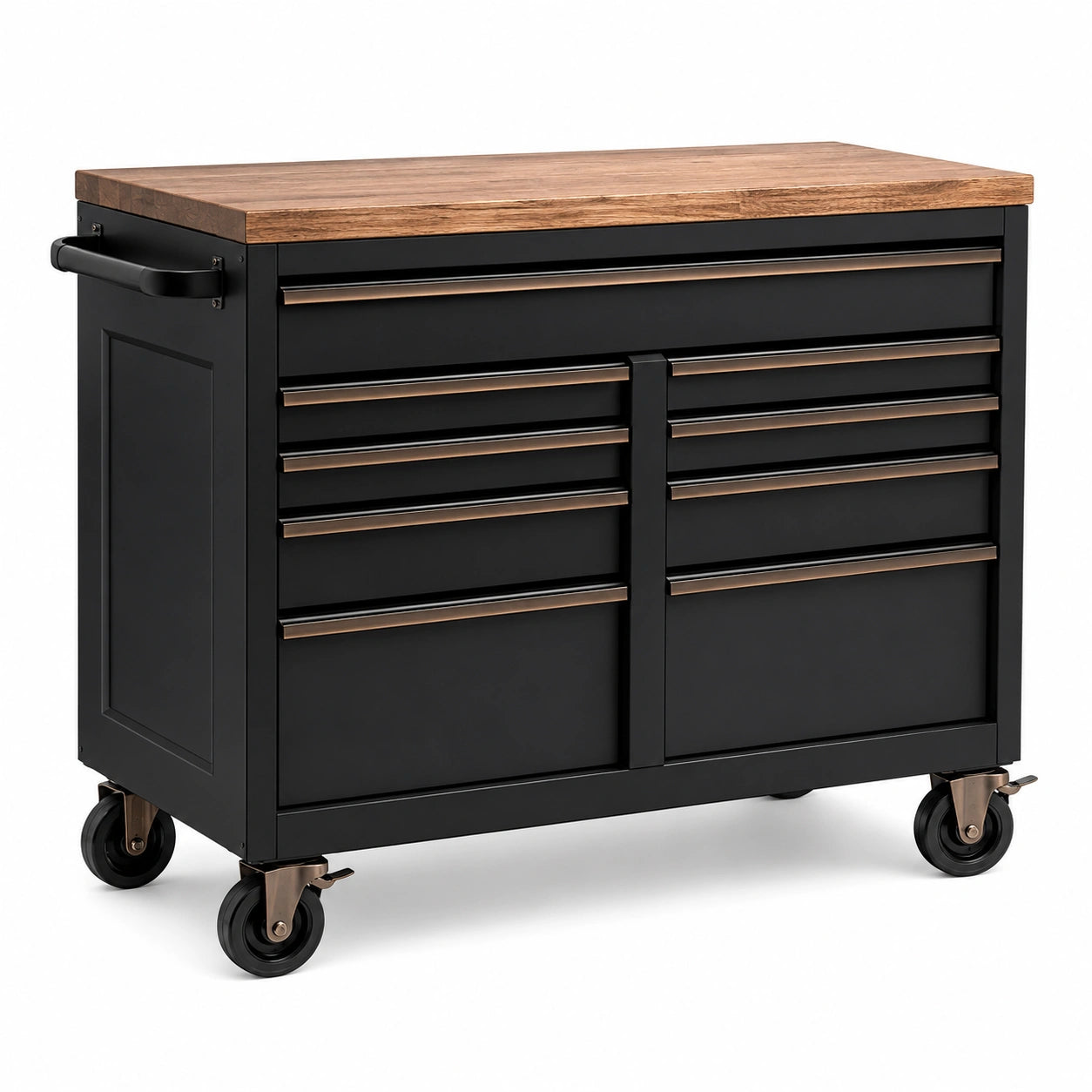 Servante d’atelier noire avec plateau en bois marron, 107 × 50 × 96 cm, 9 tiroirs et 4 roulettes