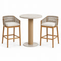 Ensemble de bar 3 pièces beige, écru et brun naturel avec table ronde 80 × 105 cm et 2 fauteuils hauts 57 × 57 × 101 cm