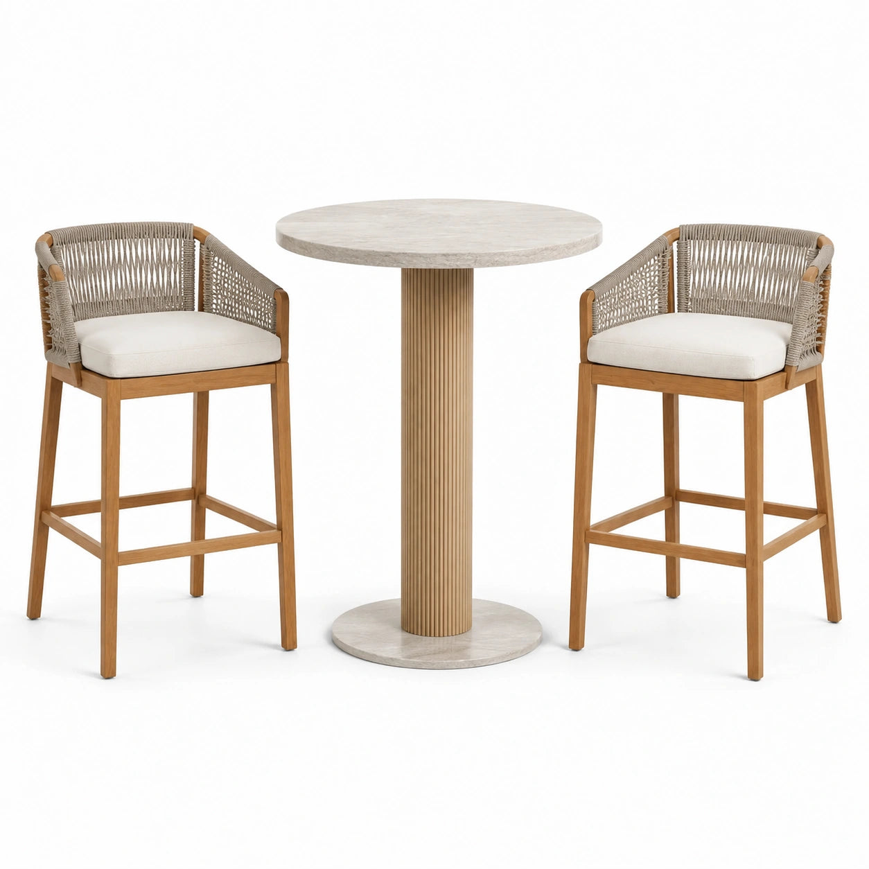 Ensemble de bar 3 pièces beige, écru et brun naturel avec table ronde 80 × 105 cm et 2 fauteuils hauts 57 × 57 × 101 cm