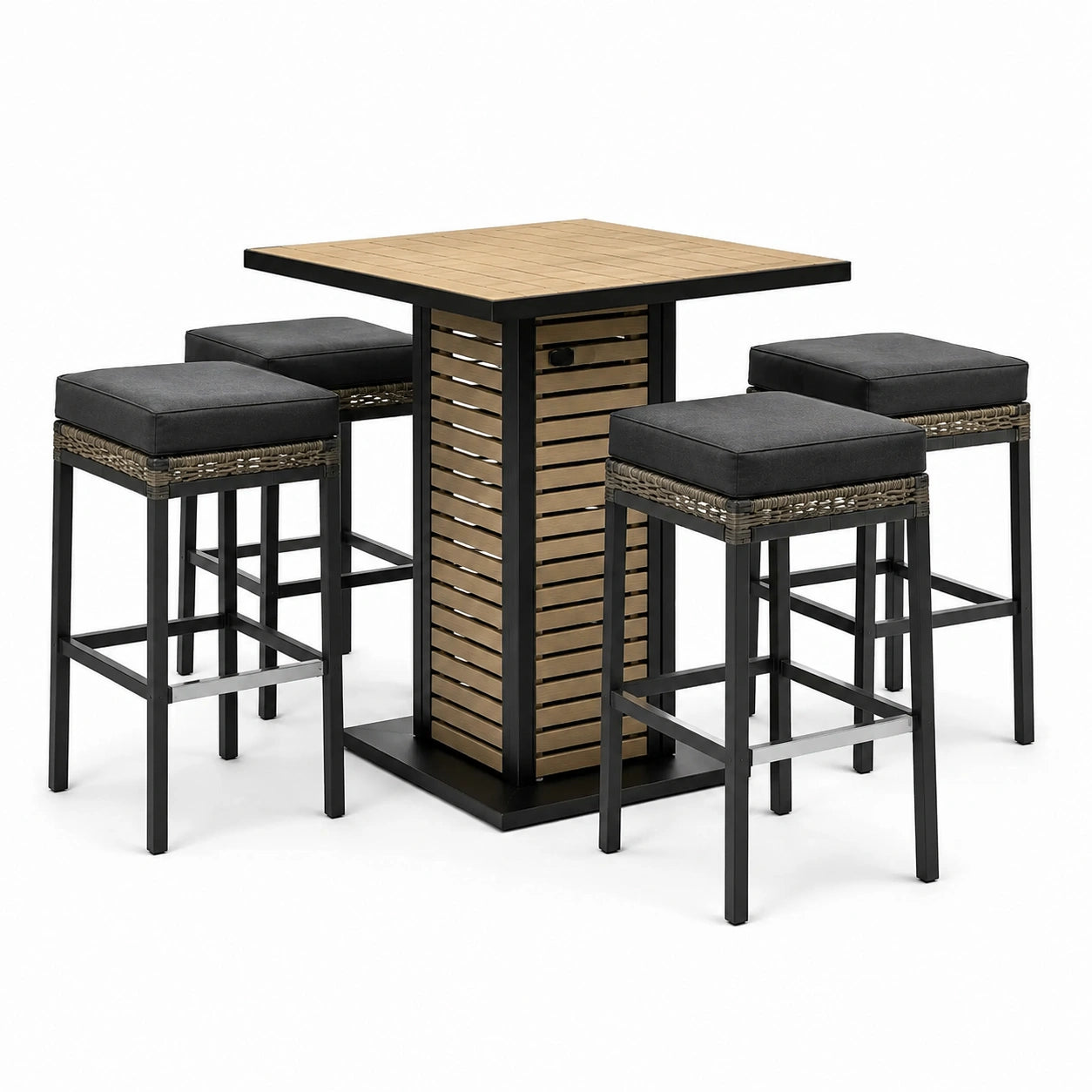 Ensemble de bar de jardin 5 pièces noir, brun et gris avec table de 100 × 100 × 105 cm et 4 tabourets de 40 × 40 × 75 cm