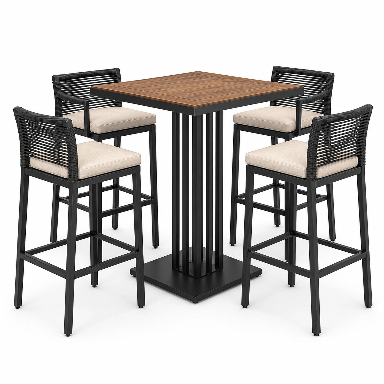 Ensemble de jardin 5 pièces noir, brun et beige avec table haute 90 × 90 × 105 cm et 4 fauteuils 55 × 56 × 105 cm