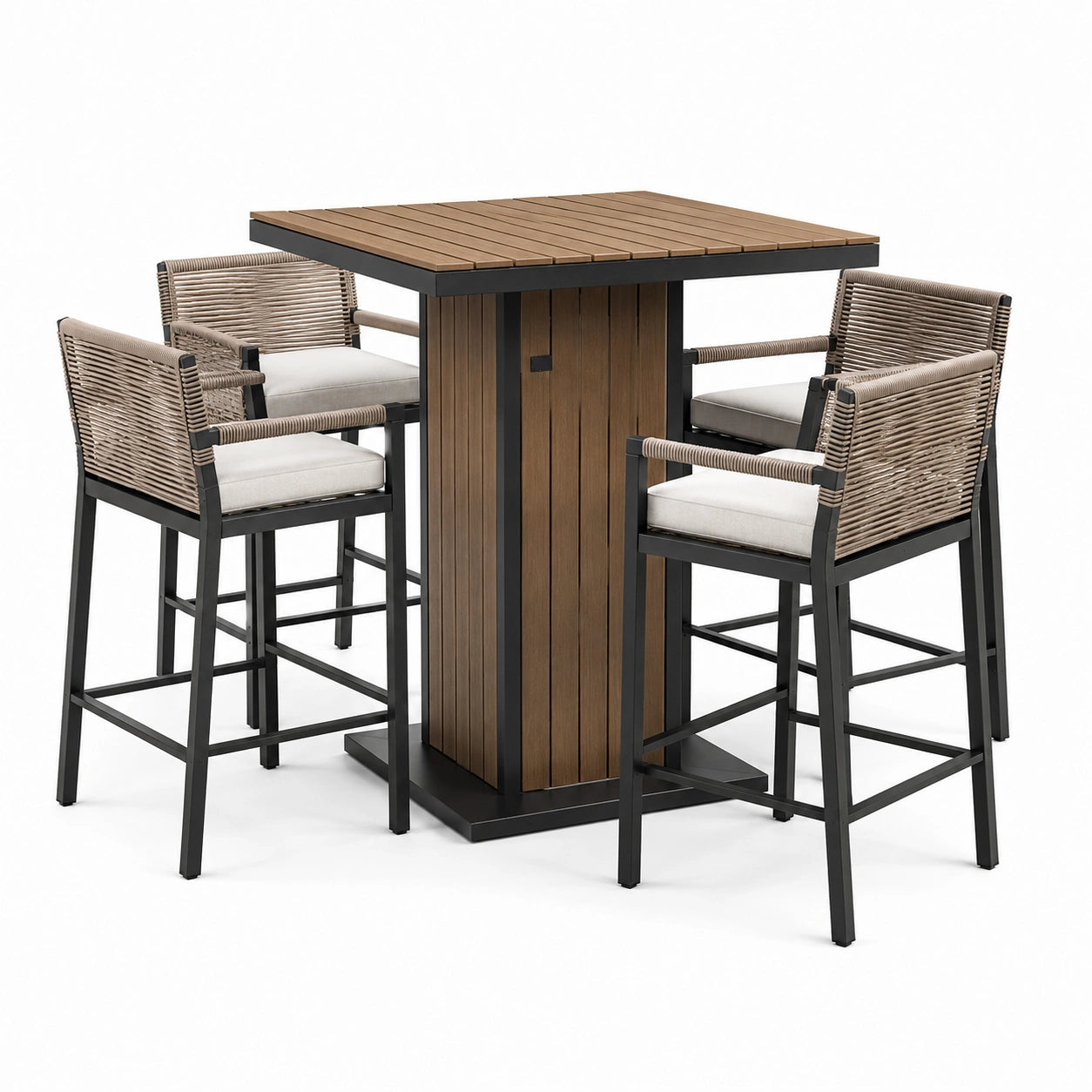 Ensemble bar de jardin 5 pièces noir, brun et beige – table haute 100 × 100 × 105 cm et 4 fauteuils 58 × 57 × 106 cm