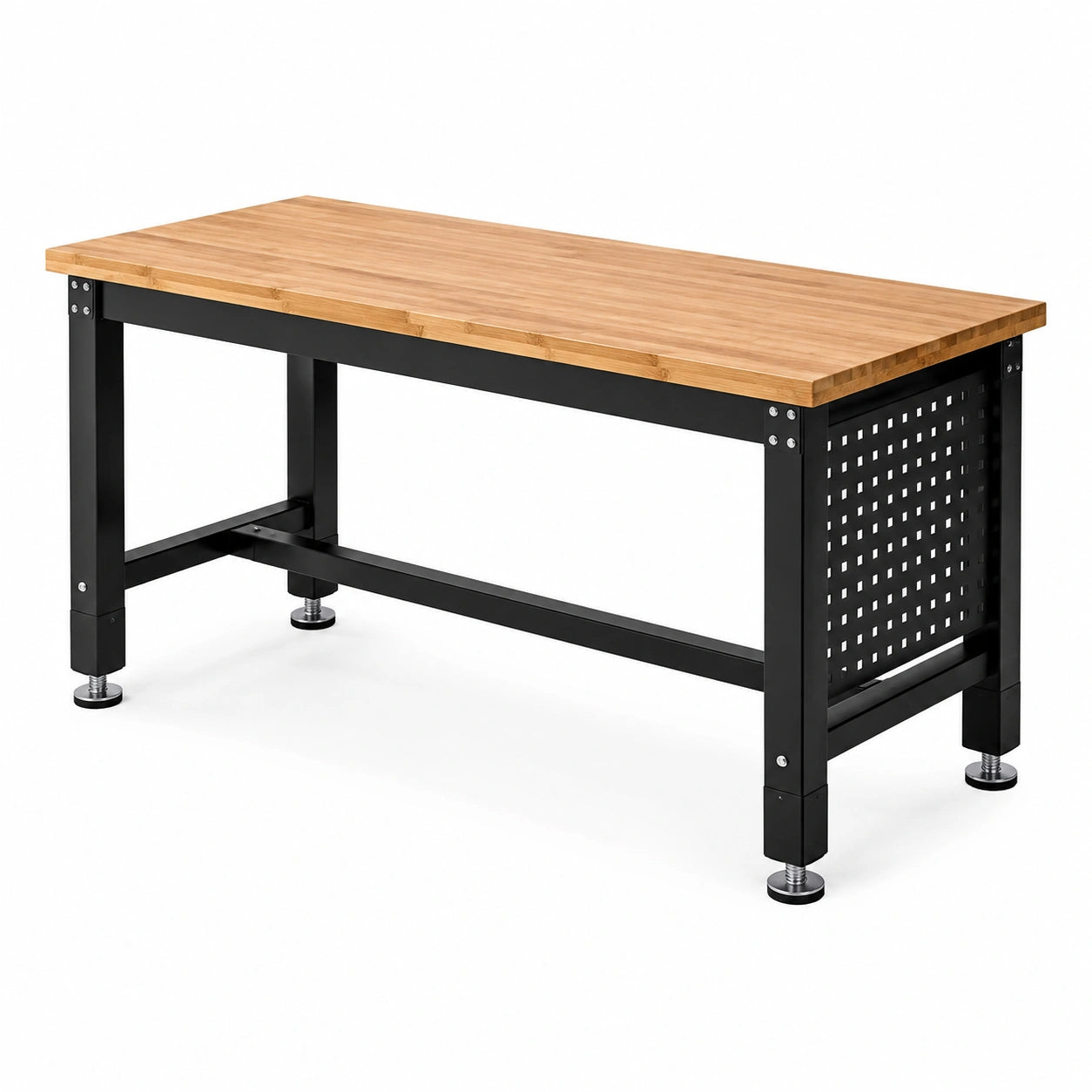 Établi avec plateau en bambou naturel, structure en acier noir et panneau perforé, 120 × 60 × 90 cm