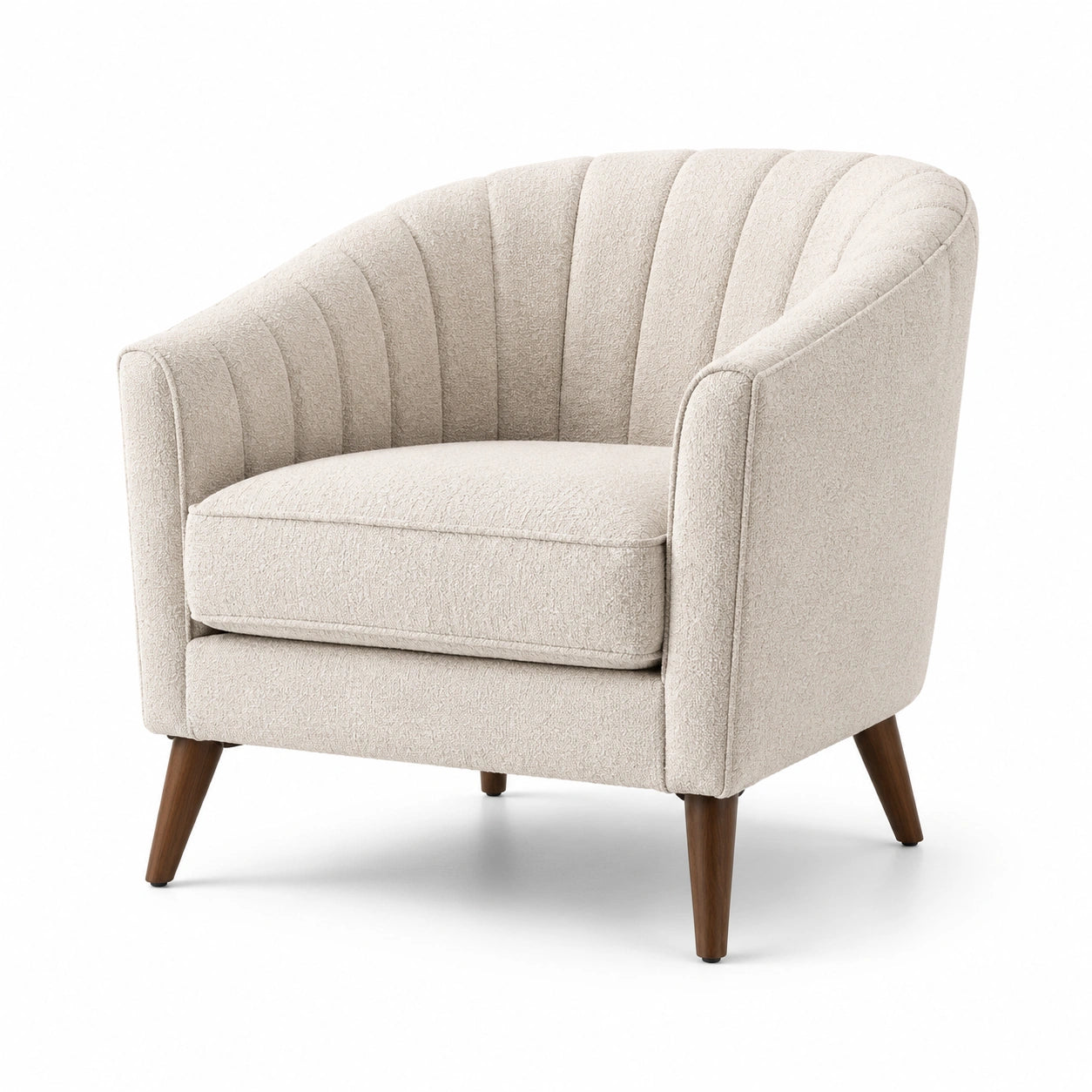 Fauteuil enveloppant en tissu bouclé beige avec pieds en bois brun, 83 × 78 × 78 cm
