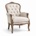 Fauteuil classique en bois sculpté, tissu beige et dossier capitonné, 78 x 82 x 108 cm