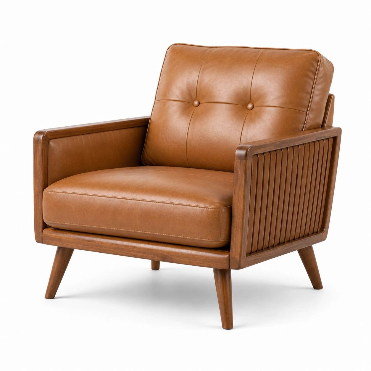 Fauteuil rétro une place en bois et revêtement aspect cuir cognac – 84 × 82 × 84 cm