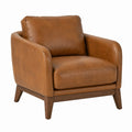 Fauteuil 1 place brun cognac effet cuir avec pieds en bois foncé, 90 × 88 × 84 cm, style contemporain