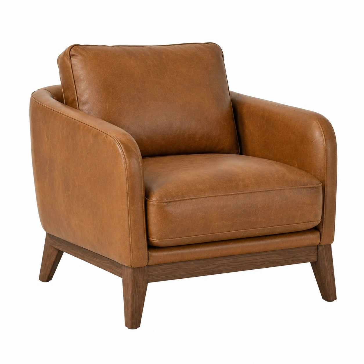 Fauteuil 1 place brun cognac effet cuir avec pieds en bois foncé, 90 × 88 × 84 cm, style contemporain