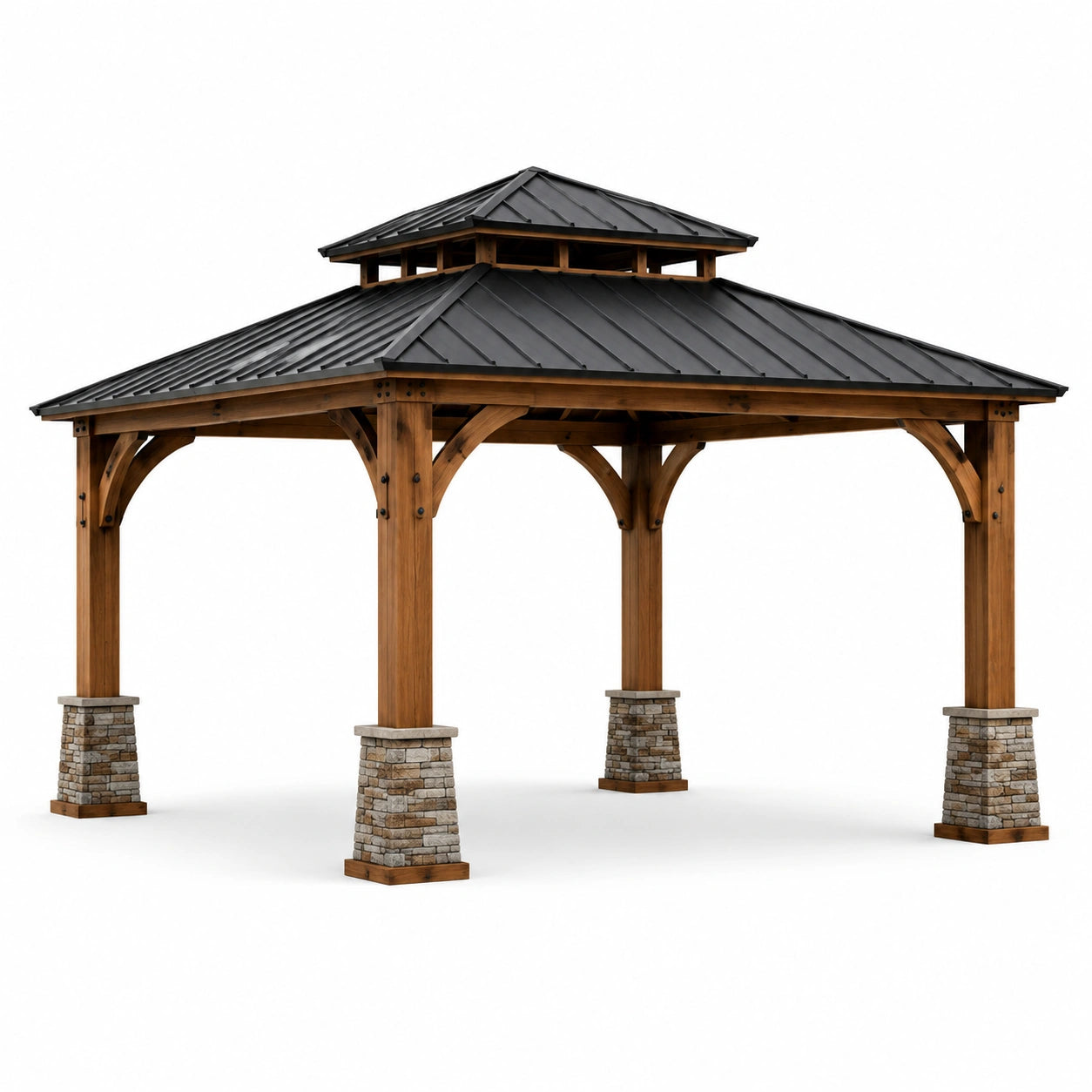 Tonnelle de jardin rustique en bois brun avec toiture en acier noir, 400 × 300 × 330 cm