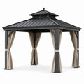 Pavillon de jardin en métal anthracite avec rideaux beiges et toit rigide ventilé, 365 × 300 × 290 cm