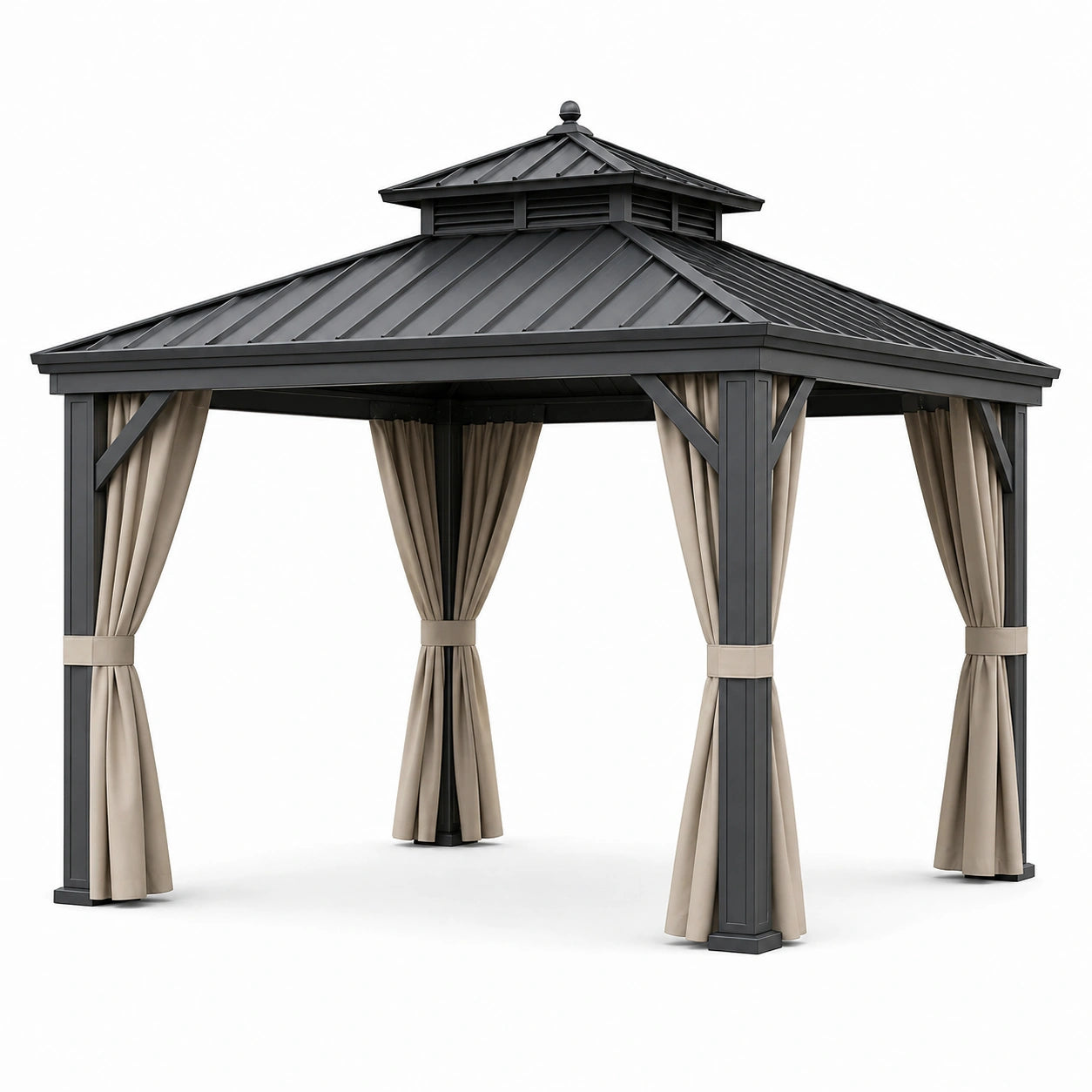 Pavillon de jardin en métal anthracite avec rideaux beiges et toit rigide ventilé, 365 × 300 × 290 cm