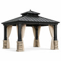 Pavillon de jardin classique en métal noir avec toit rigide et rideaux beiges, 400 × 300 × 320 cm