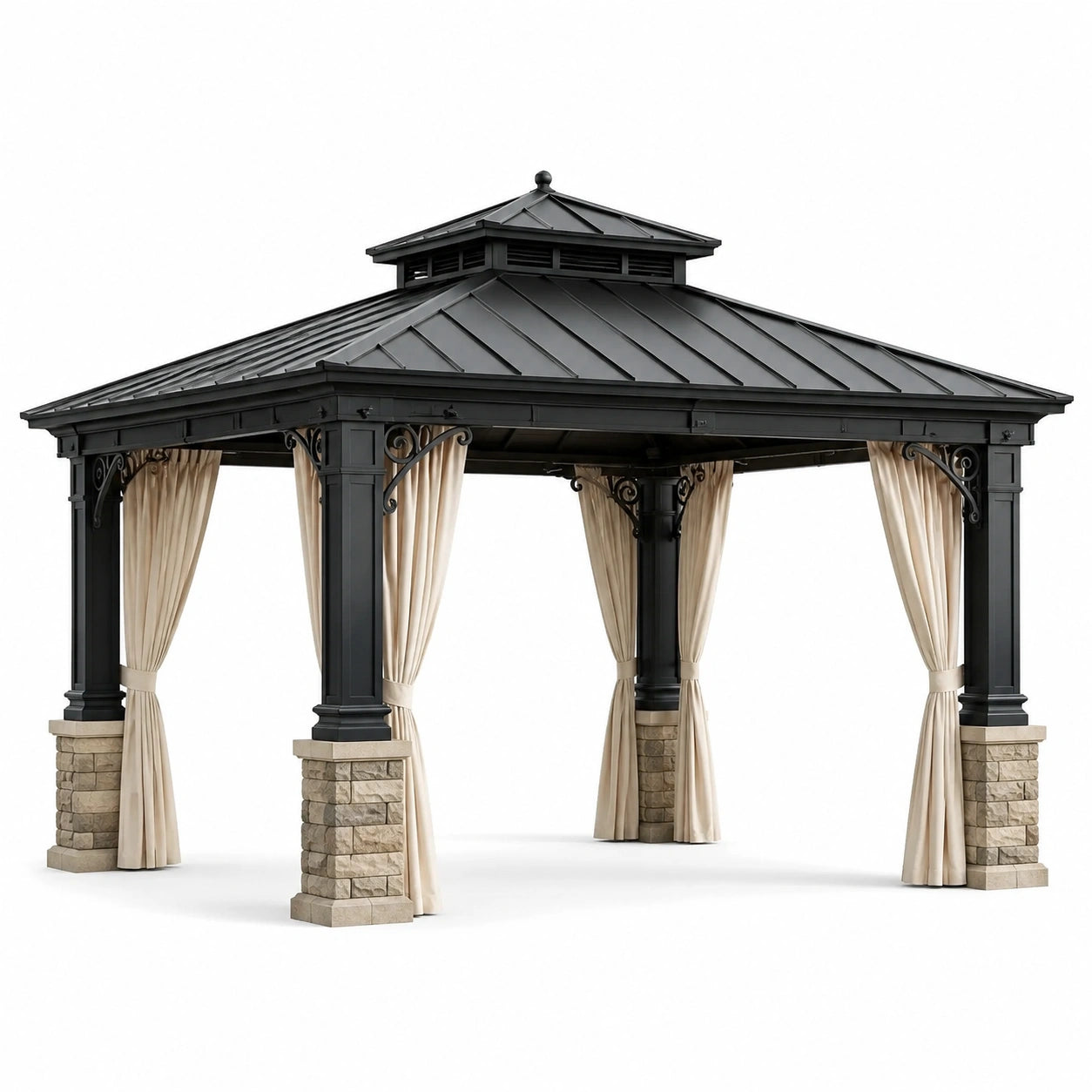 Pavillon de jardin classique en métal noir avec toit rigide et rideaux beiges, 400 × 300 × 320 cm