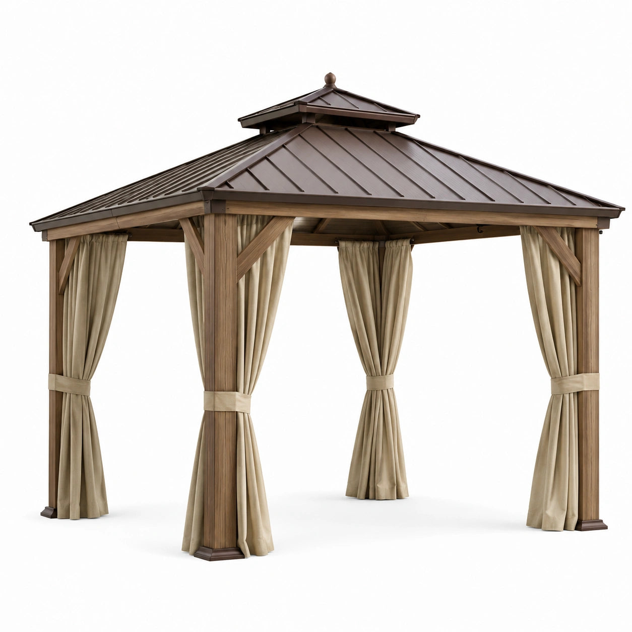 Pavillon de jardin en bois brun avec toit en acier et rideaux beiges, 366 × 305 × 300 cm