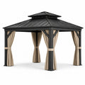 Pergola de jardin en métal noir avec rideaux beiges et toit rigide à double niveau, 300 × 300 × 290 cm