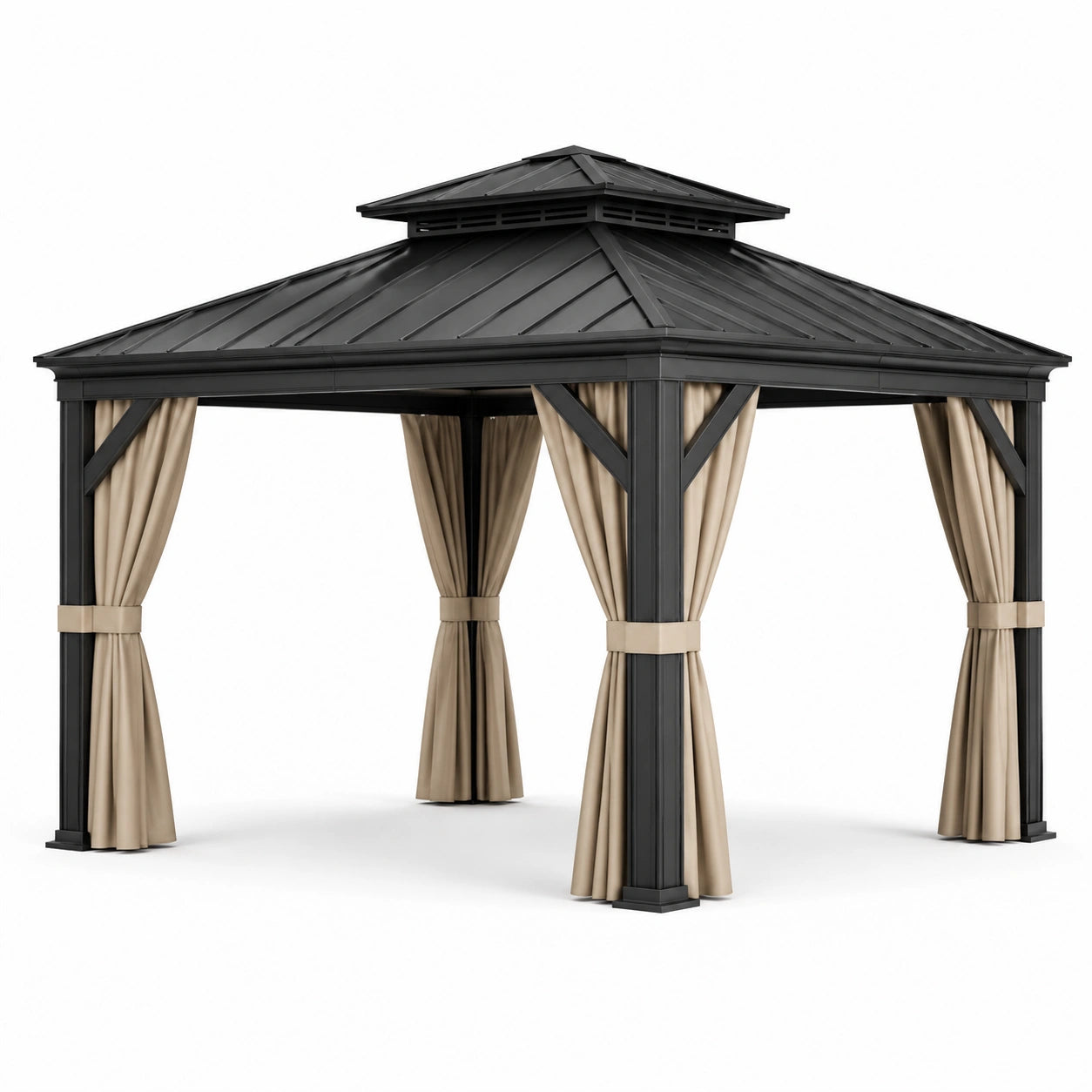 Pergola de jardin en métal noir avec rideaux beiges et toit rigide à double niveau, 300 × 300 × 290 cm