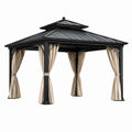 Pergola de jardin en métal noir avec rideaux beiges et toit rigide à double niveau, 400 × 300 × 310 cm