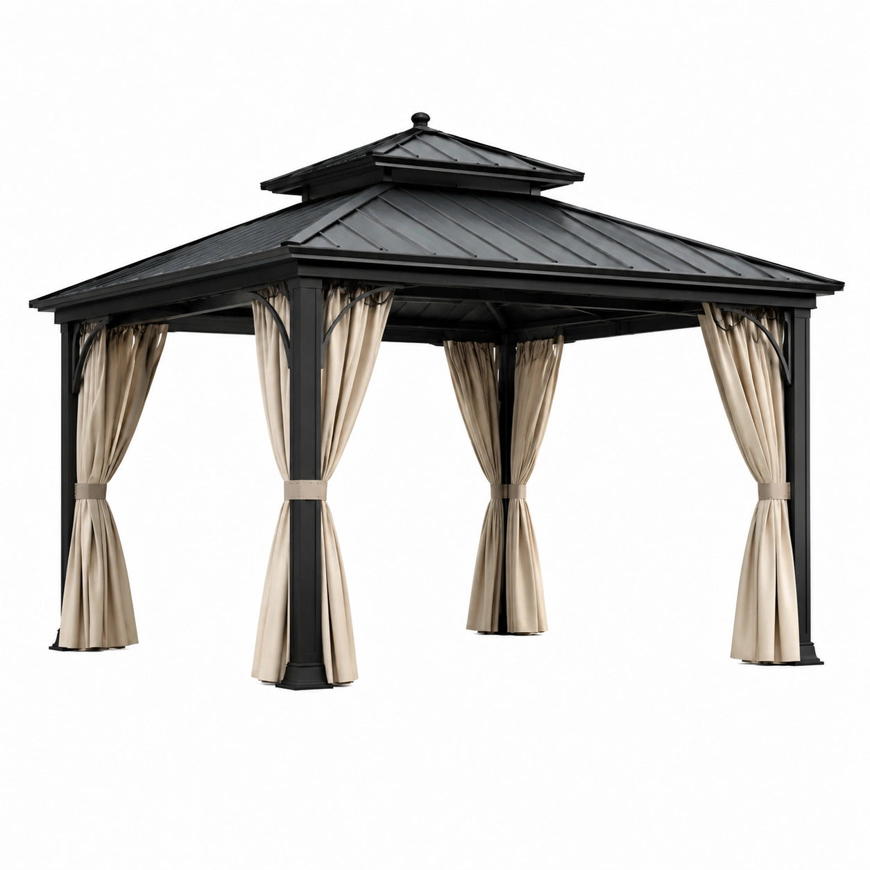 Pergola de jardin en métal noir avec rideaux beiges et toit rigide à double niveau, 400 × 300 × 310 cm