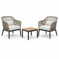 Salon de jardin 3 pièces en corde tressée taupe et métal noir, fauteuils 72 × 75 × 85 cm et table 55 × 55 × 42 cm