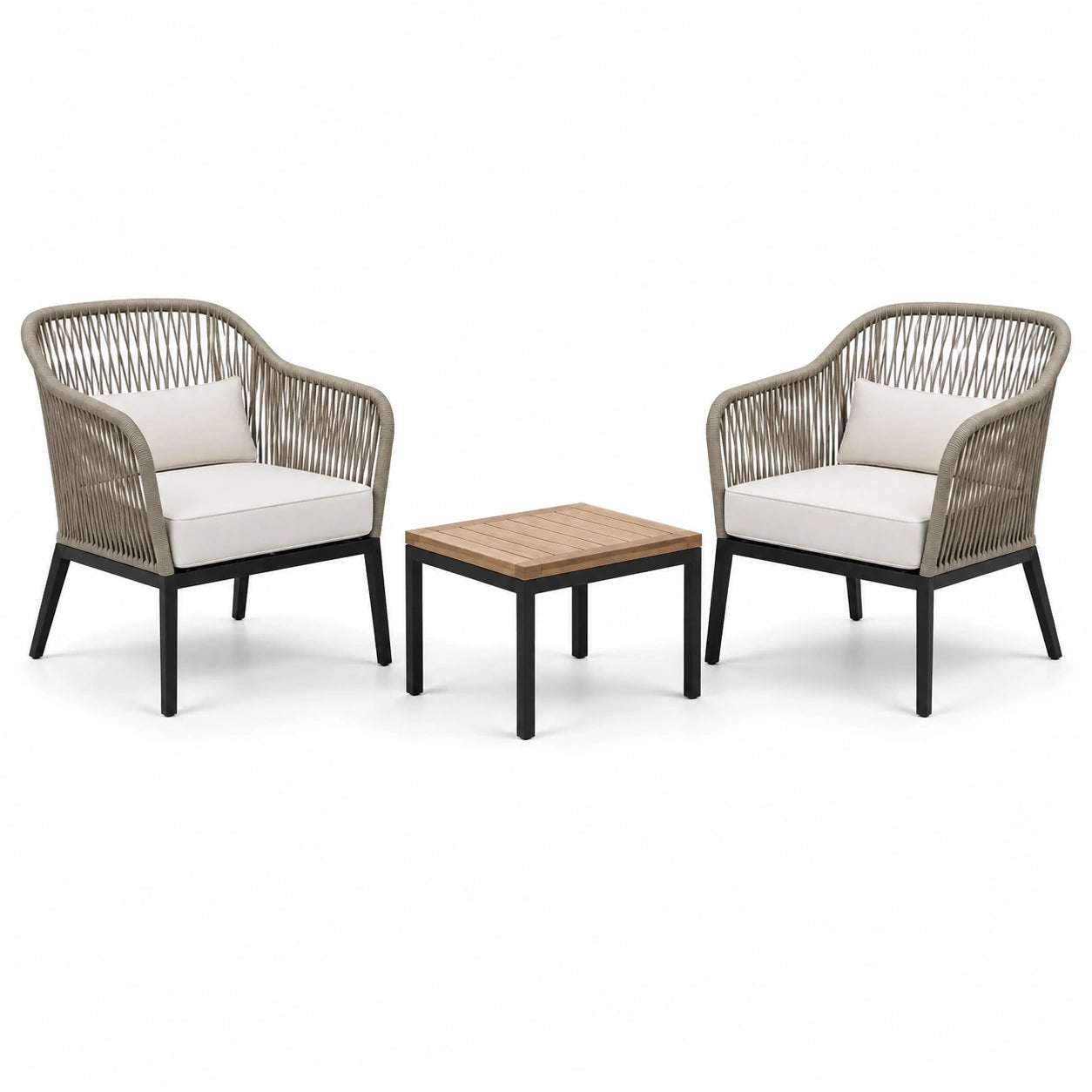 Salon de jardin 3 pièces en corde tressée taupe et métal noir, fauteuils 72 × 75 × 85 cm et table 55 × 55 × 42 cm