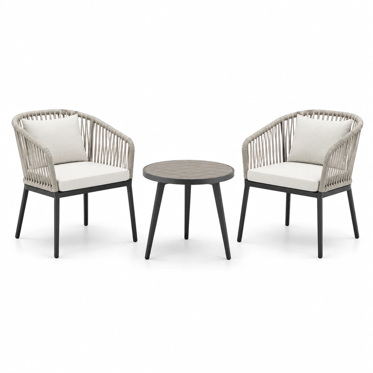 Salon de jardin 3 pièces avec 2 fauteuils 62 × 65 × 80 cm et table ronde Ø 55 × 50 cm, noir, beige, grège et ivoire