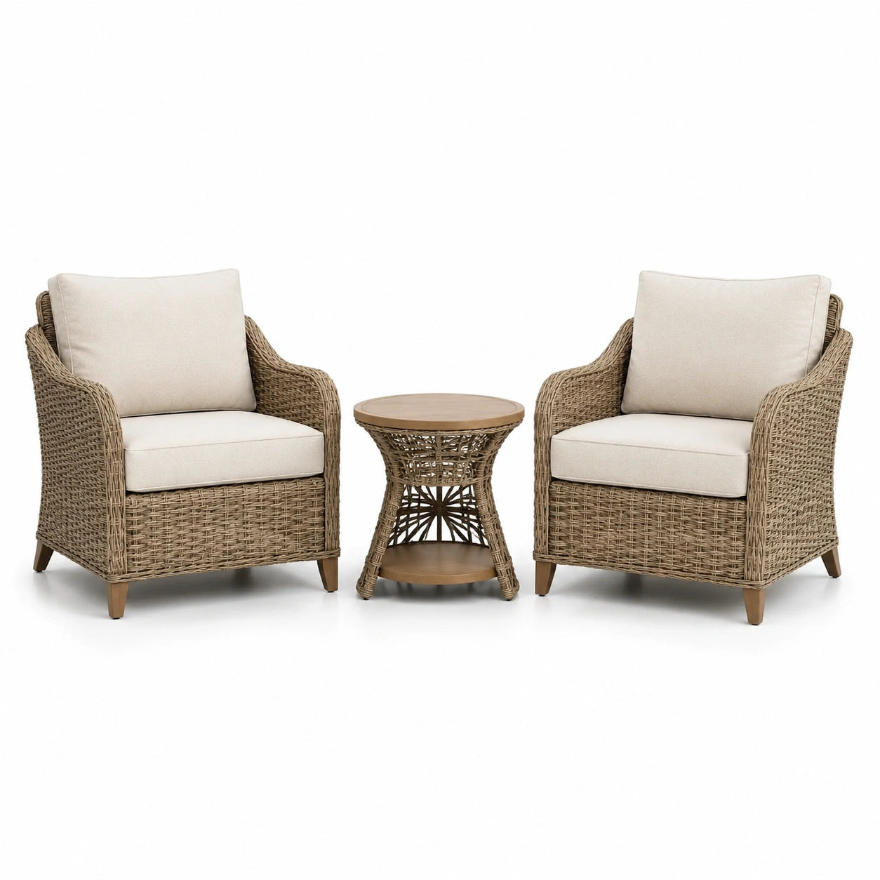 Salon de jardin 3 pièces beige, taupe et brun avec 2 fauteuils de 77 × 82 × 88 cm et table ronde de 55 × 55 cm