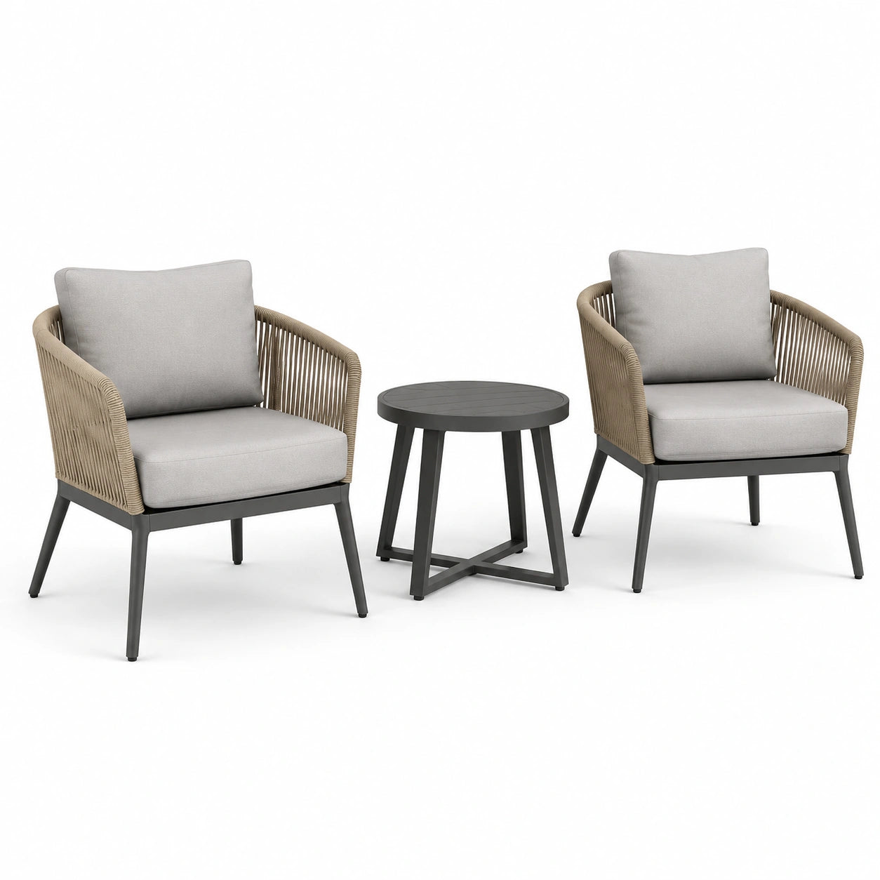 Ensemble 3 pièces beige, gris clair et noir avec 2 fauteuils de 67 × 70 × 78 cm et table ronde de Ø 50 × 45 cm