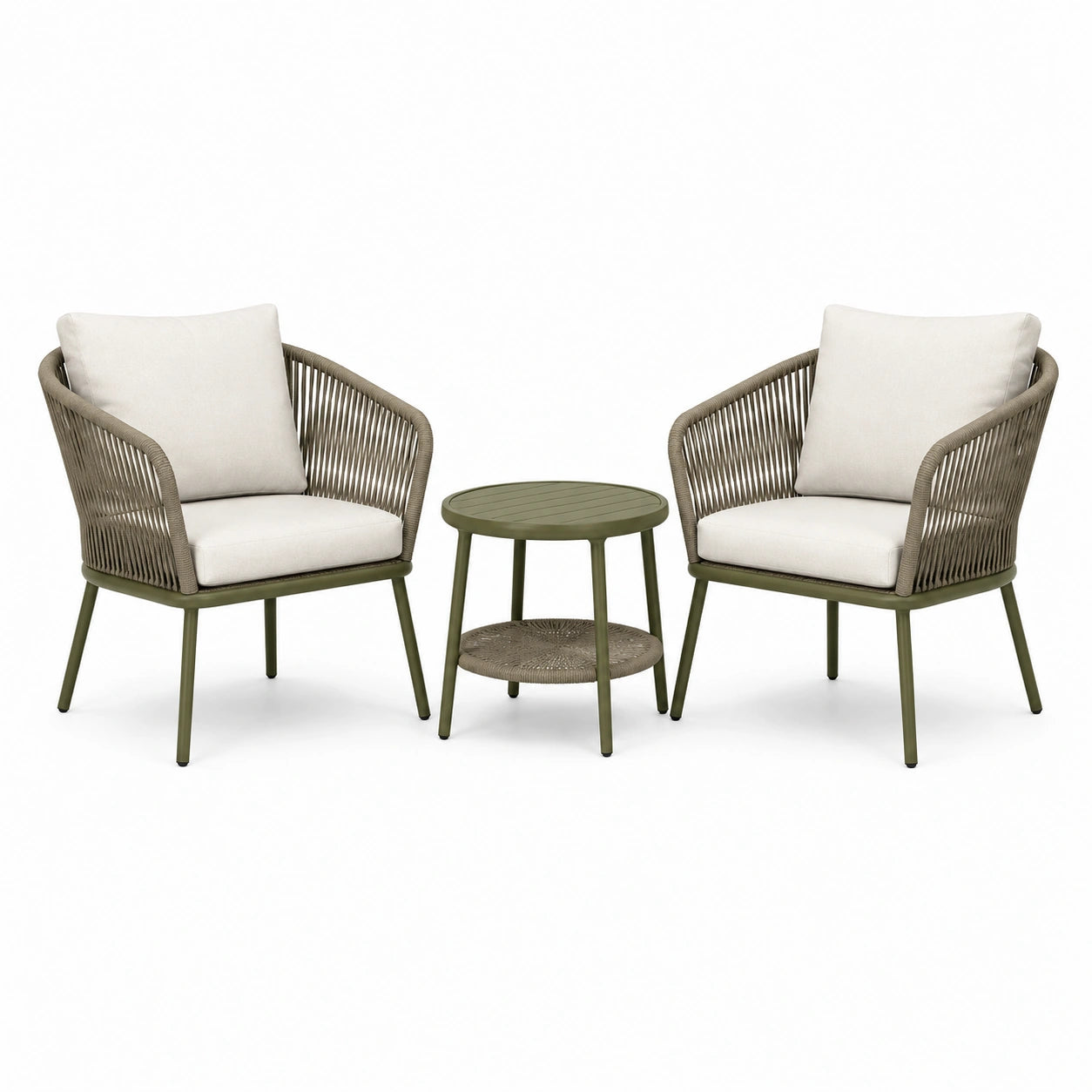 Ensemble 3 pièces avec 2 fauteuils 64 × 67 × 80 cm et table ronde Ø 50 × 50 cm, vert olive, taupe et beige