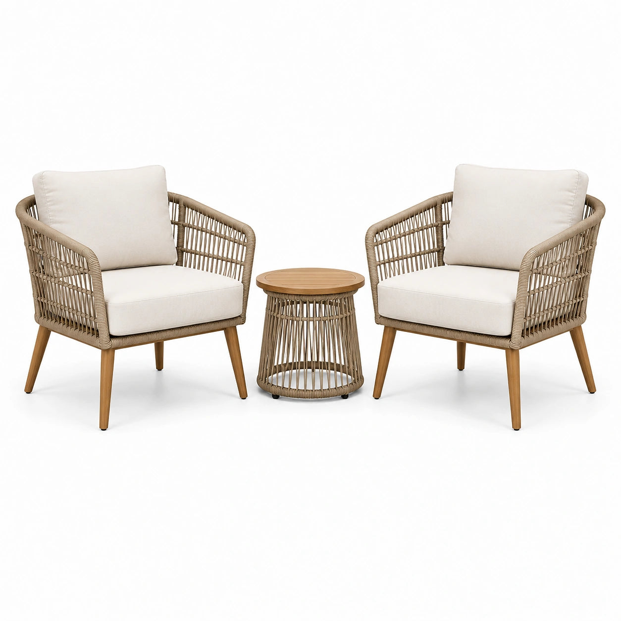 Salon de jardin 3 pièces en résine tressée beige et crème – 2 fauteuils 72 × 75 × 80 cm et table ronde Ø 45 × 45 cm