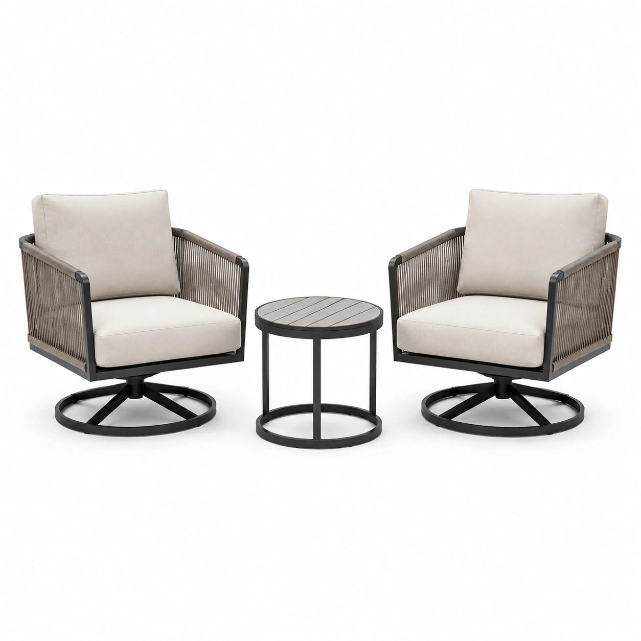 Ensemble de jardin 3 pièces avec 2 fauteuils pivotants 78 × 76 × 86 cm et table ronde Ø 50 × H 48 cm, noir, taupe et beige